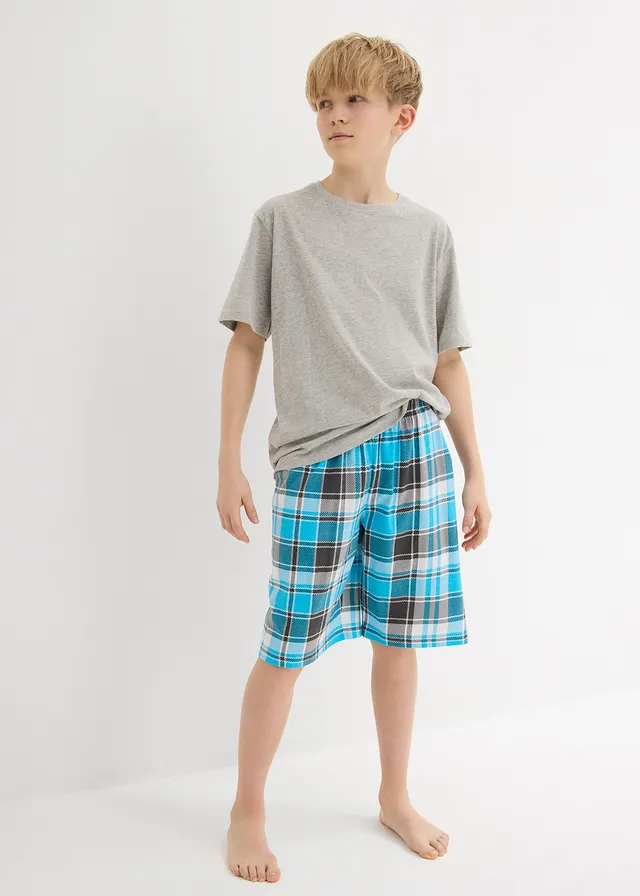 Shortama met zacht biologisch katoen (4-dlg. set), Kleur: lichtgrijs gemêleerd+indigo-turkoois+mentholmint geruit