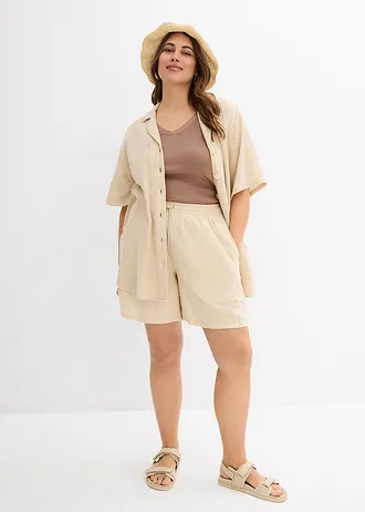 Lange mousseline overhemdblouse, Kleur: lichtsand