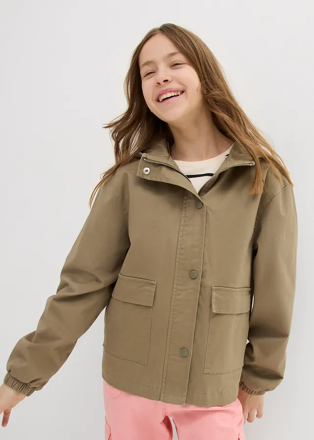 Twill jas met opgezette zakken en capuchon, Kleur: olijfgroen