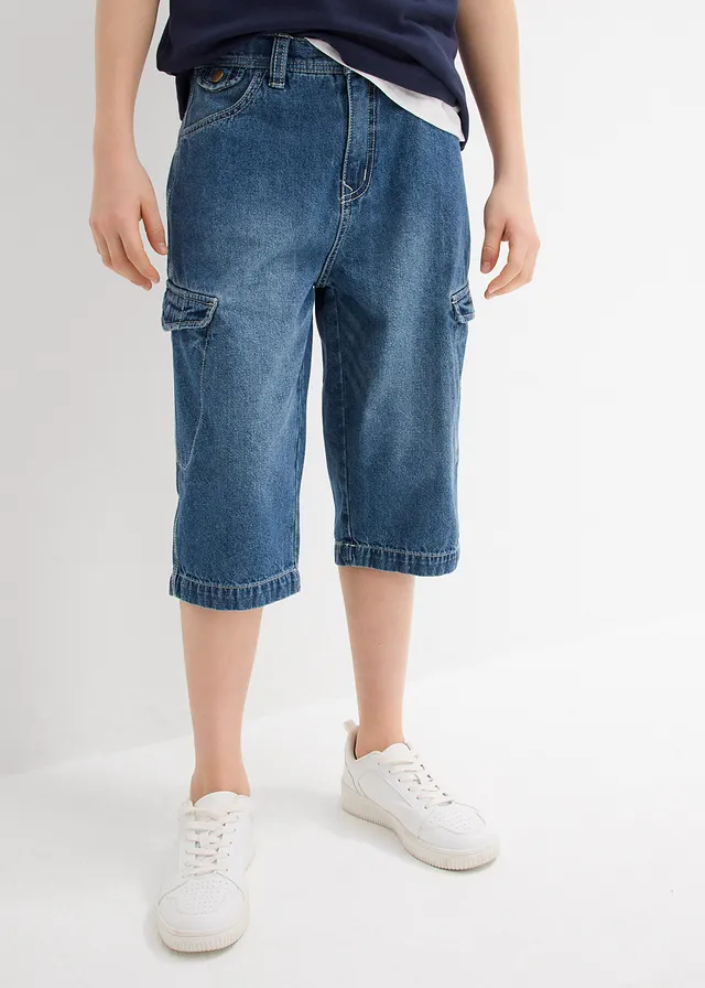 Jeans bermuda van puur katoen, loose fit, Kleur: middelblauw denim