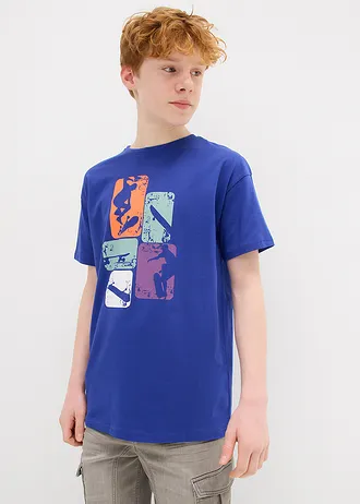 Jongens T-shirt van puur biologisch katoen, Kleur: saffierblauw met print