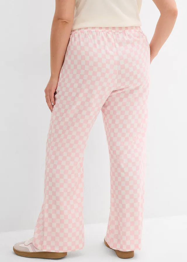 Pantalon ample à carreaux, en viscose fluide, Couleur: rose quartz/écru carreaux