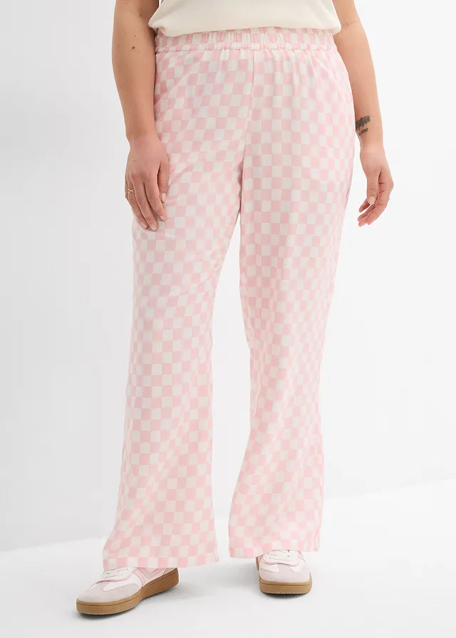 Pantalon ample à carreaux, en viscose fluide, Couleur: rose quartz/écru carreaux