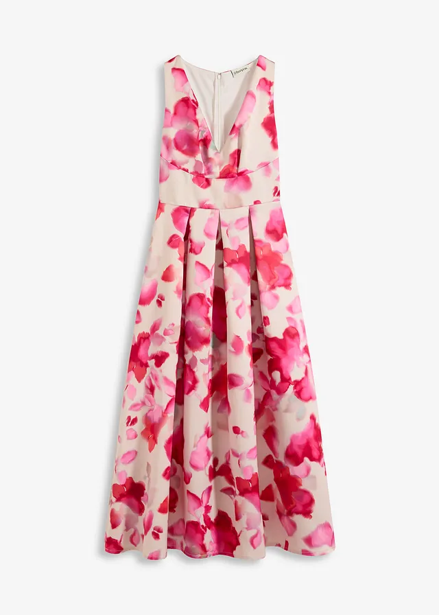 Robe longue en satin brillant, Couleur: blanc-rouge clair floral