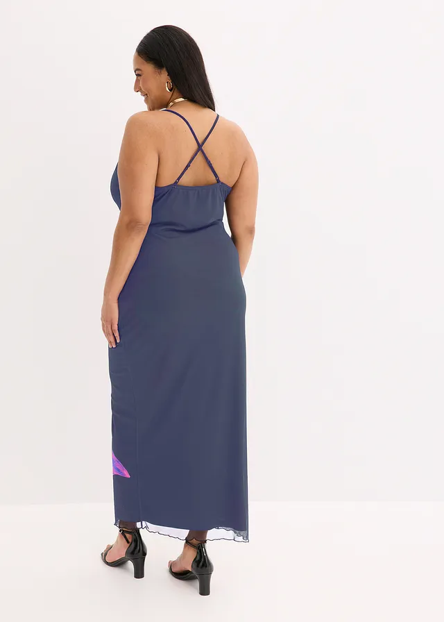 Robe en mesh à fines bretelles, Couleur: bleu foncé/fuchsia floral