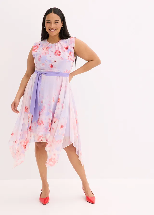 Chiffon jurk met een puntvormige zoom en striklint, Kleur: lichtpaars gebloemd