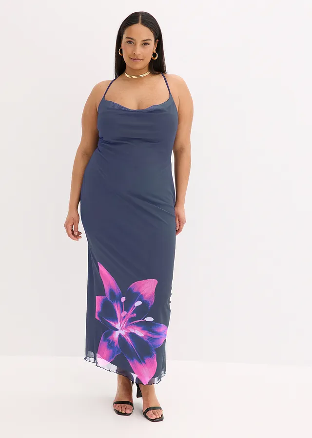 Jurk met spaghettibandjes van fijn mesh, Kleur: donkerblauw-fuchsia gebloemd
