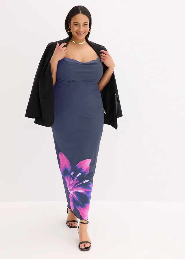 Robe en mesh à fines bretelles, Couleur: bleu foncé/fuchsia floral