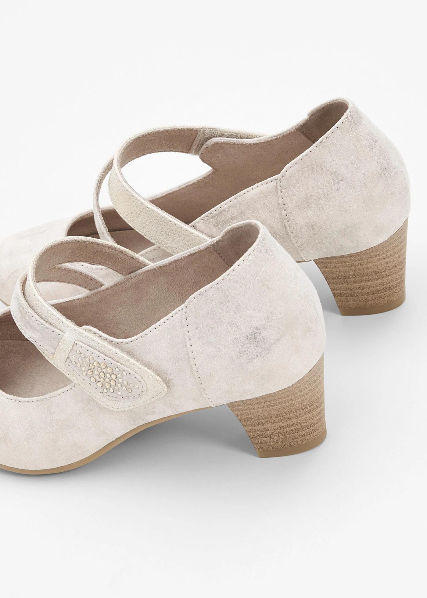 Pantofi Jana cu toc și baretă, lați • bej/auriu • magazin bonprix