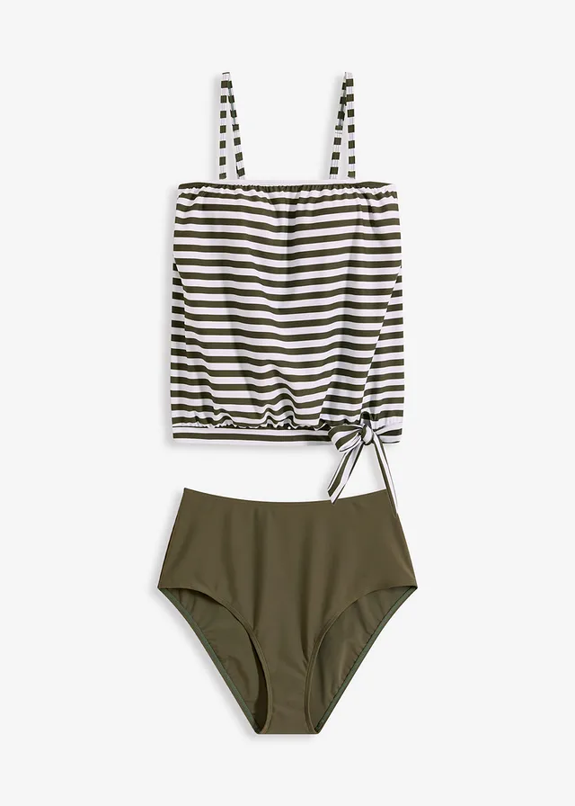 Oversized tankini met afneembare bandjes (2-dlg. set), Kleur: donkerolijfgroen-wit gestreept