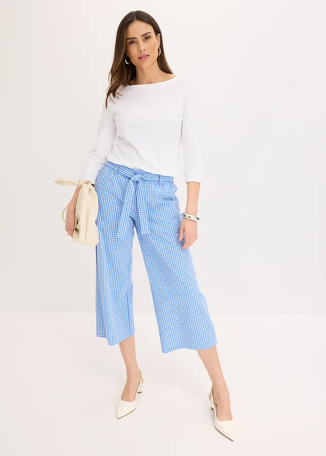 Pantalon à imprimé Vichy, Couleur: écru/bleu moyen carreaux