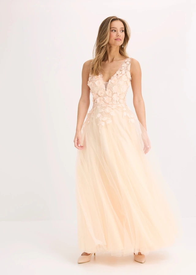 Robe longue en tulle délicat ornée de fleurs appliquées, Couleur: champagne