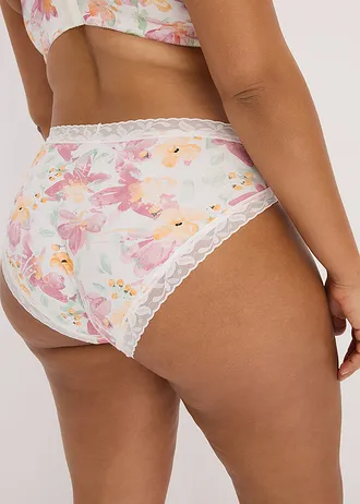 Chilot maxi cu bumbac organic și dantelă (set/5perechi), culoare: ecru floral + ecru + mov-afină sorbet + verde