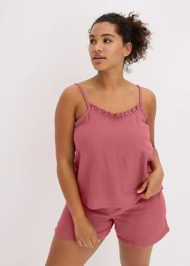 Pijama scurtă din muselină moale, cu bretele subțiri, culoare: mov sorbet