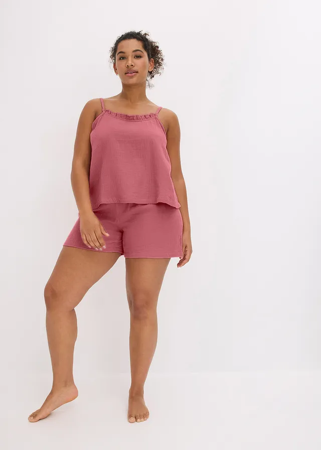 Pijama scurtă din muselină moale, cu bretele subțiri, culoare: mov sorbet