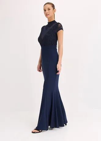 Maxi jurk met kant en mesh • donkerblauw • bonprix online shop