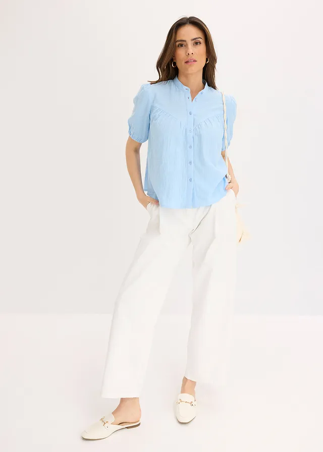 Chemisier manches courtes en gaze de coton, Couleur: bleu clair