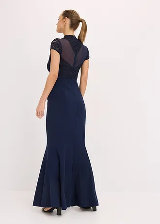 Maxi jurk met kant en mesh • donkerblauw • bonprix online shop