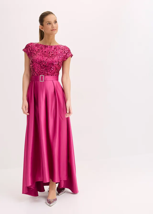 Robe de soirée en satin brillant et sequins, Couleur: rose/fuchsia
