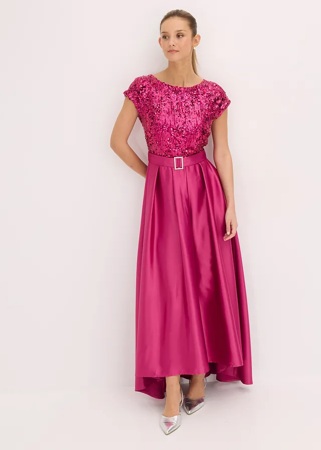 Robe de soirée en satin brillant et sequins, Couleur: rose/fuchsia