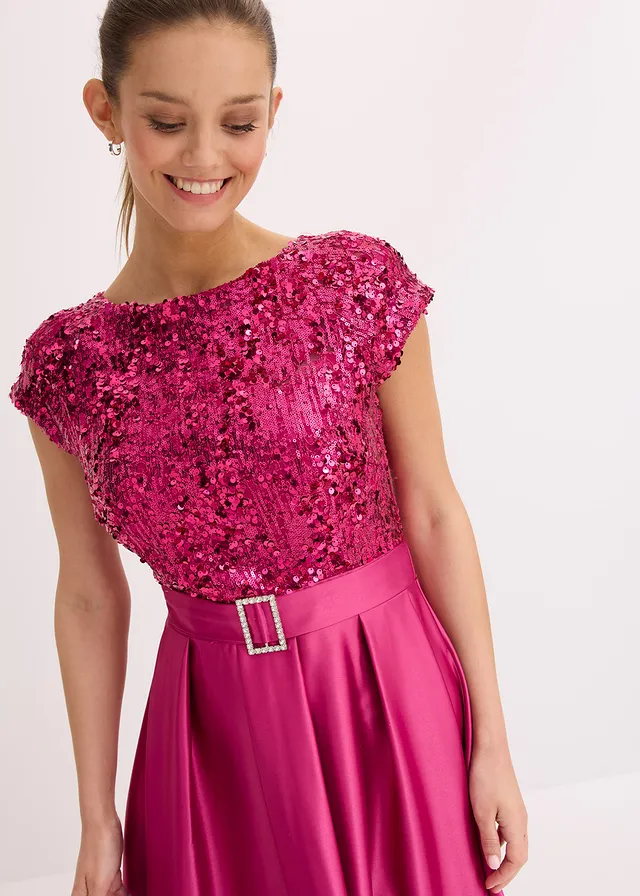 Maxi jurk van glanzend satijn met pailletten • fuchsiapink • product-page.page-title-suffix