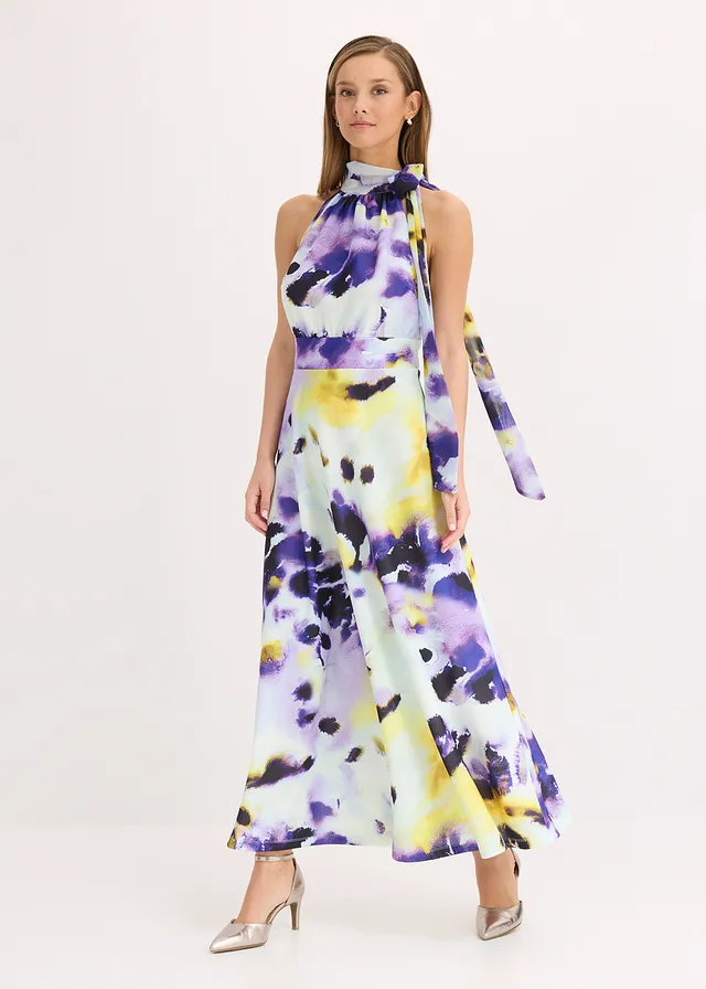 Robe longue en tissu néoprène épais, Couleur: bleu clair/violet imprimé