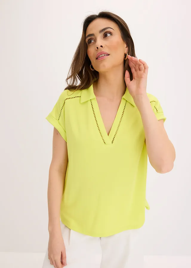 Polo en maille piquée de viscose avec empiècement en dentelle • jaune citron • product-page.page-title-suffix