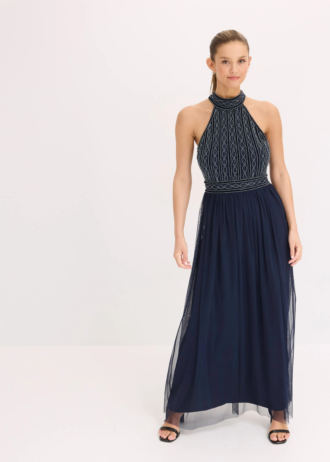 Maxi jurk met kralenborduursel • donkerblauw • bonprix online shop