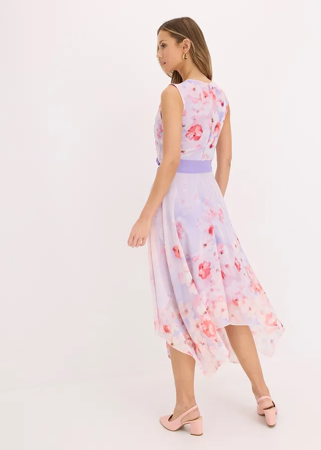 Chiffon jurk met een puntvormige zoom en striklint, Kleur: lichtpaars gebloemd