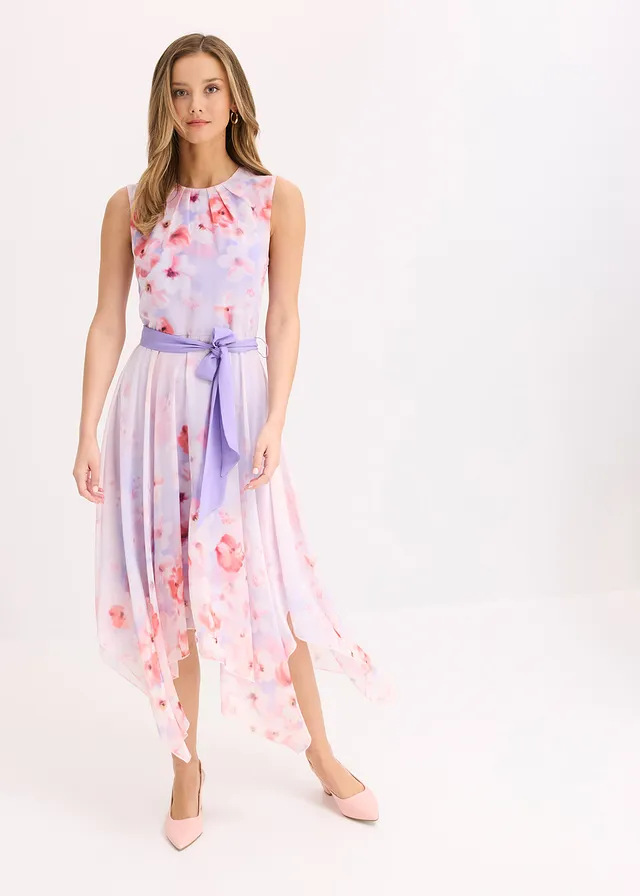 Chiffon jurk met een puntvormige zoom en striklint, Kleur: lichtpaars gebloemd