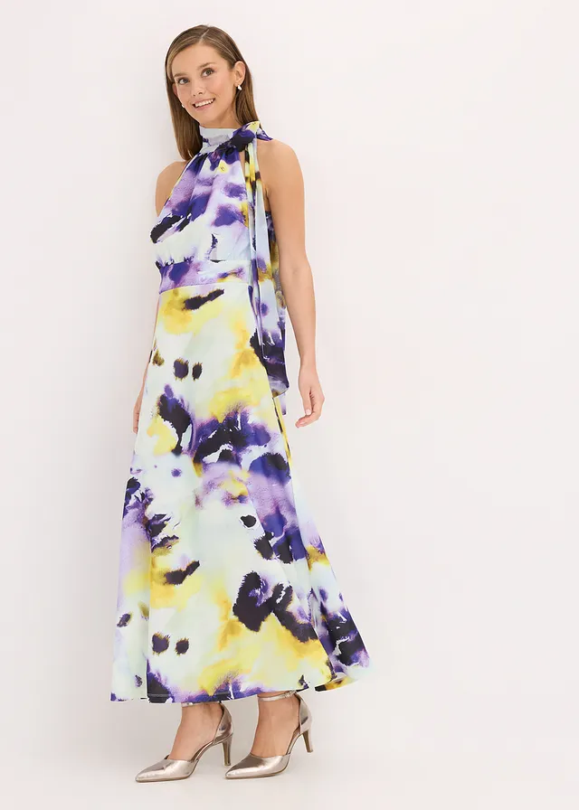 Robe longue en tissu néoprène épais, Couleur: bleu clair/violet imprimé