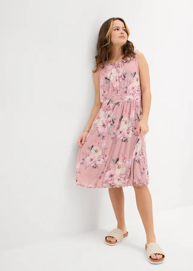 Robe entièrement imprimée en mesh aérien, Couleur: rose cendré floral