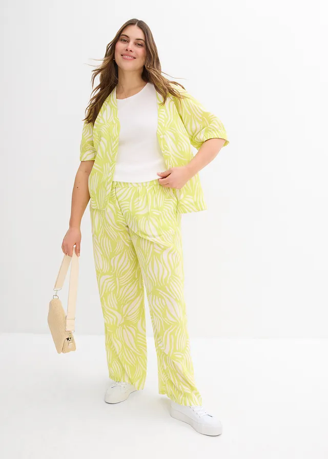 Pantalon palazzo à taille élastiquée, Couleur: jaune citron/écru imprimé