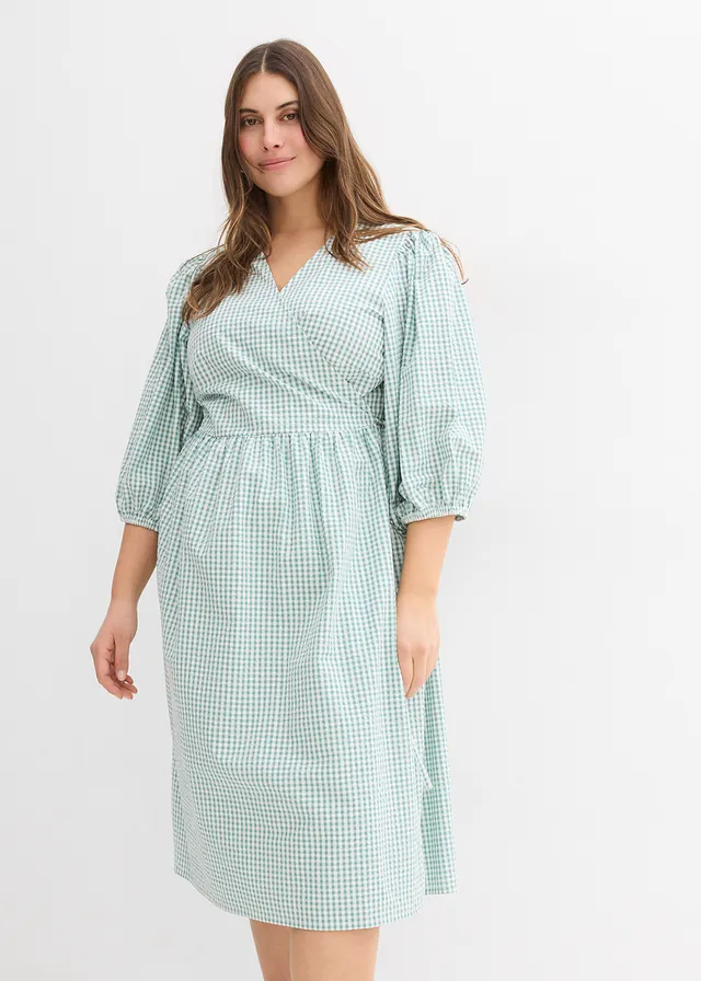 Robe portefeuille en matière texturée, Couleur: sauge fumé/écru carreaux