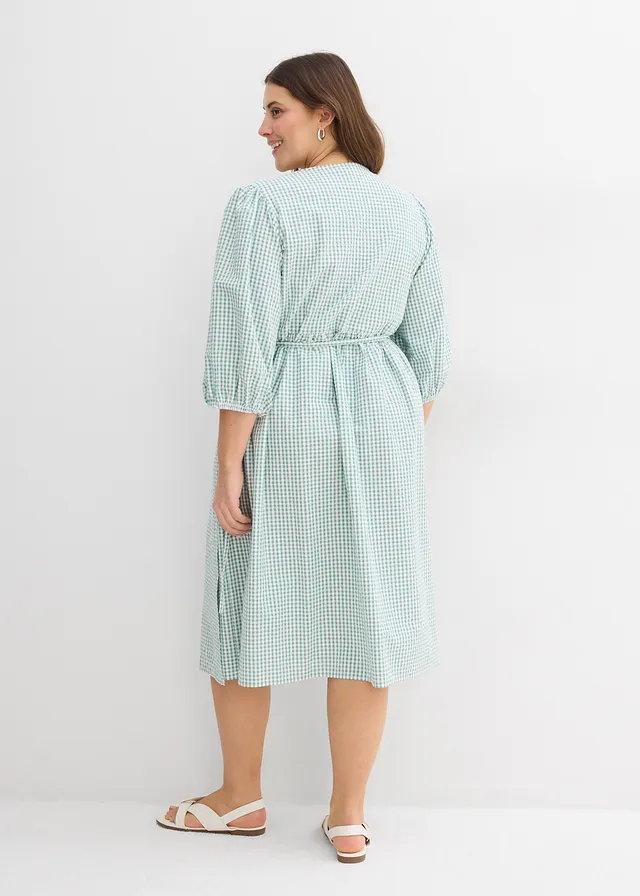 Robe portefeuille en matière texturée, Couleur: sauge fumé/écru carreaux