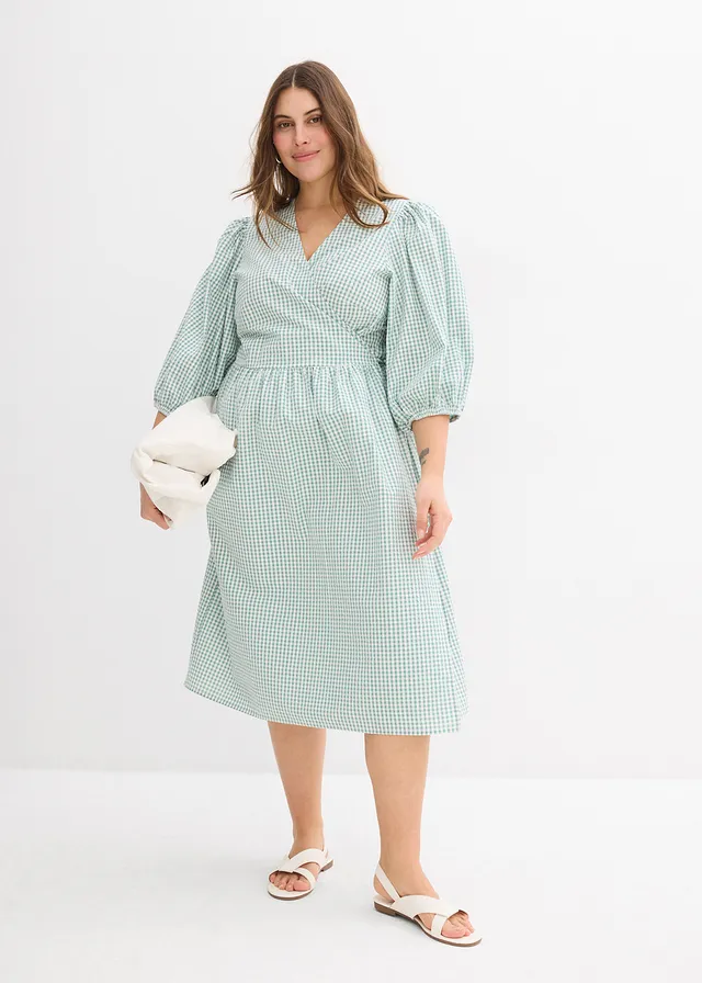 Robe portefeuille en matière texturée, Couleur: sauge fumé/écru carreaux