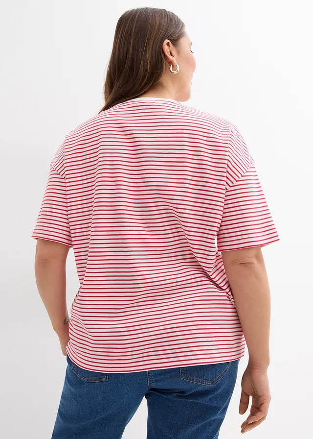 Gestreept T-shirt met borduursel, Kleur: rood-wit gestreept