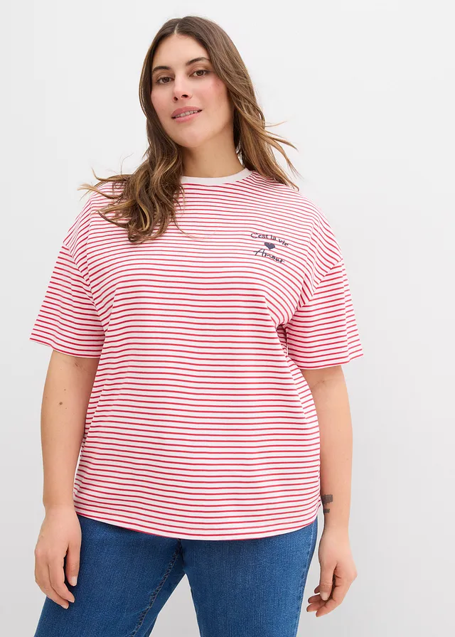 T-shirt rayé avec broderie, Couleur: rouge/blanc rayé