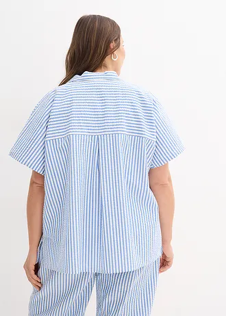 Seersucker blouse met korte mouwen, Kleur: gletsjerblauw-wolwit gestreept