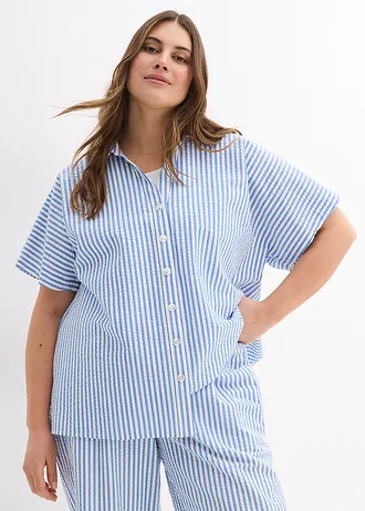 Seersucker blouse met korte mouwen, Kleur: gletsjerblauw-wolwit gestreept