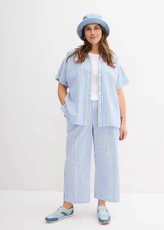 Seersucker blouse met korte mouwen, Kleur: gletsjerblauw-wolwit gestreept