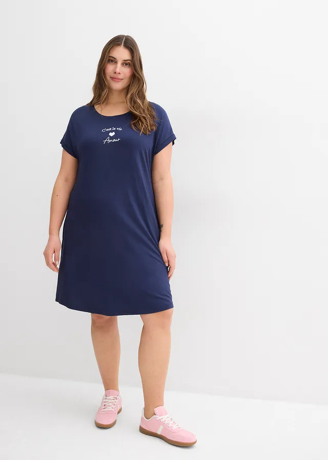 Robe en jersey viscose extensible avec broderie poitrine, Couleur: bleu foncé