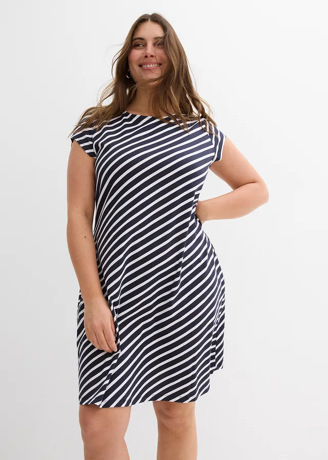 Robe cintrée en jersey, Couleur: bleu foncé-blanc rayé