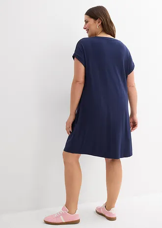 Robe en jersey viscose extensible avec broderie poitrine, Couleur: bleu foncé