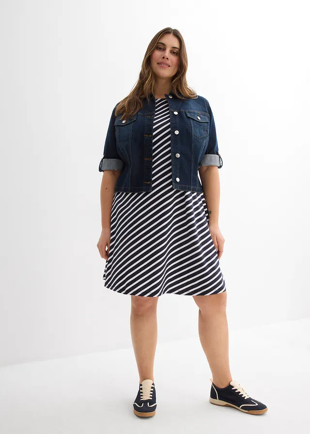 Robe cintrée en jersey, Couleur: bleu foncé-blanc rayé