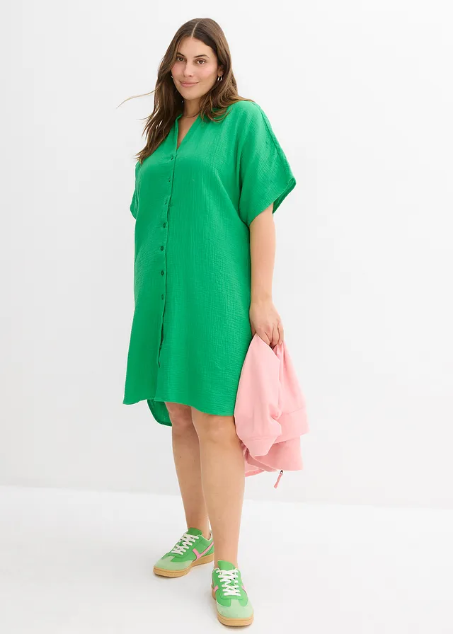 Robe-chemise 100% coton, Couleur: vert gazon
