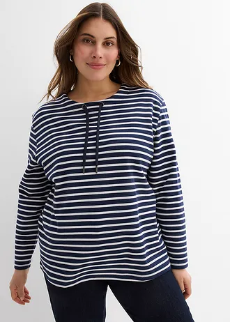 Sweater van gestructureerd materiaal, Kleur: donkerblauw/wit gestreept