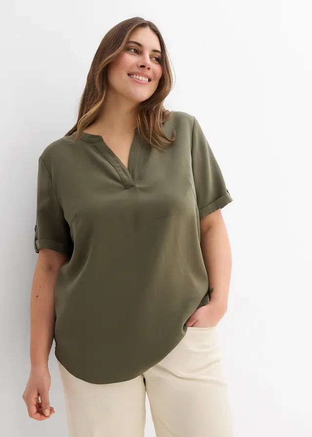 Blouse manches courtes en viscose mélangée, Couleur: olive foncé