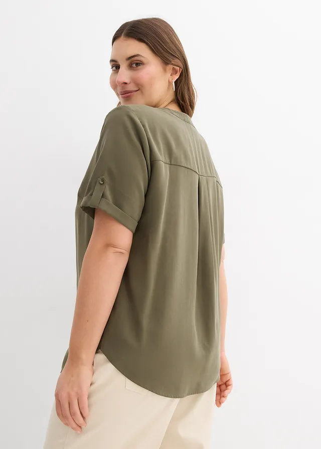 Blouse manches courtes en viscose mélangée, Couleur: olive foncé