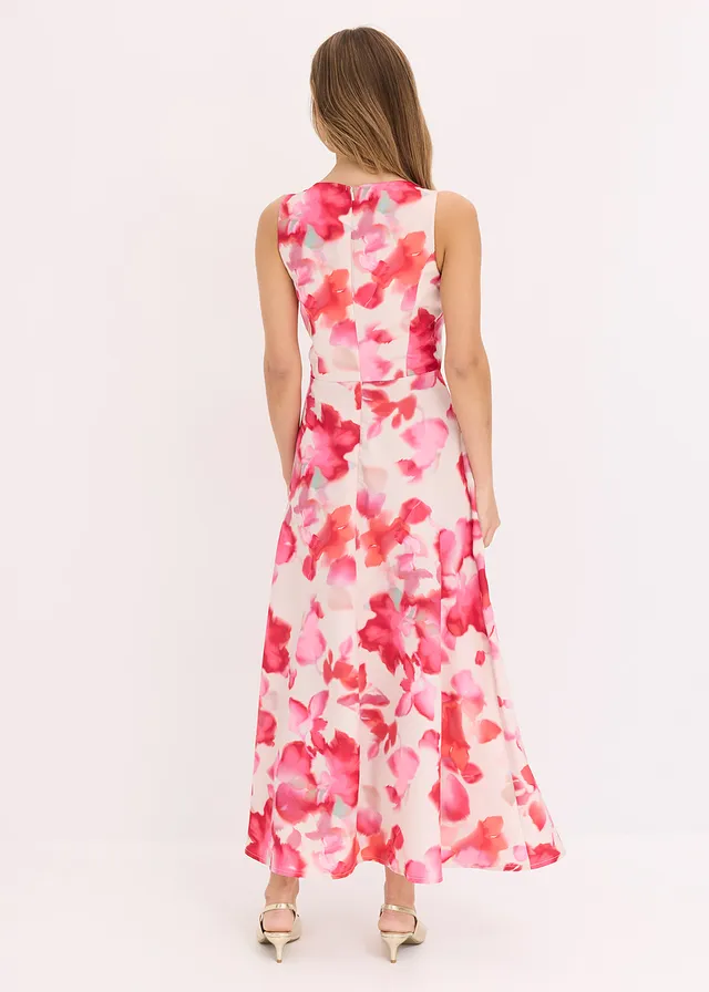 Robe longue en satin brillant, Couleur: blanc-rouge clair floral